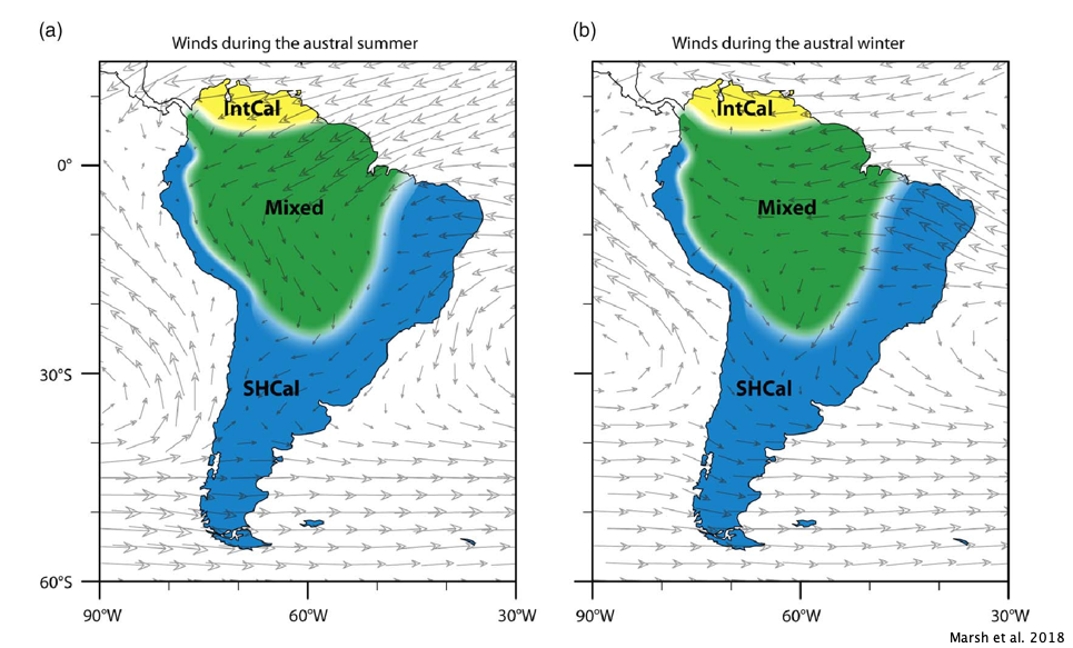 Proposed calibration curves in South America. Note that these are not intended to be spatially precise.