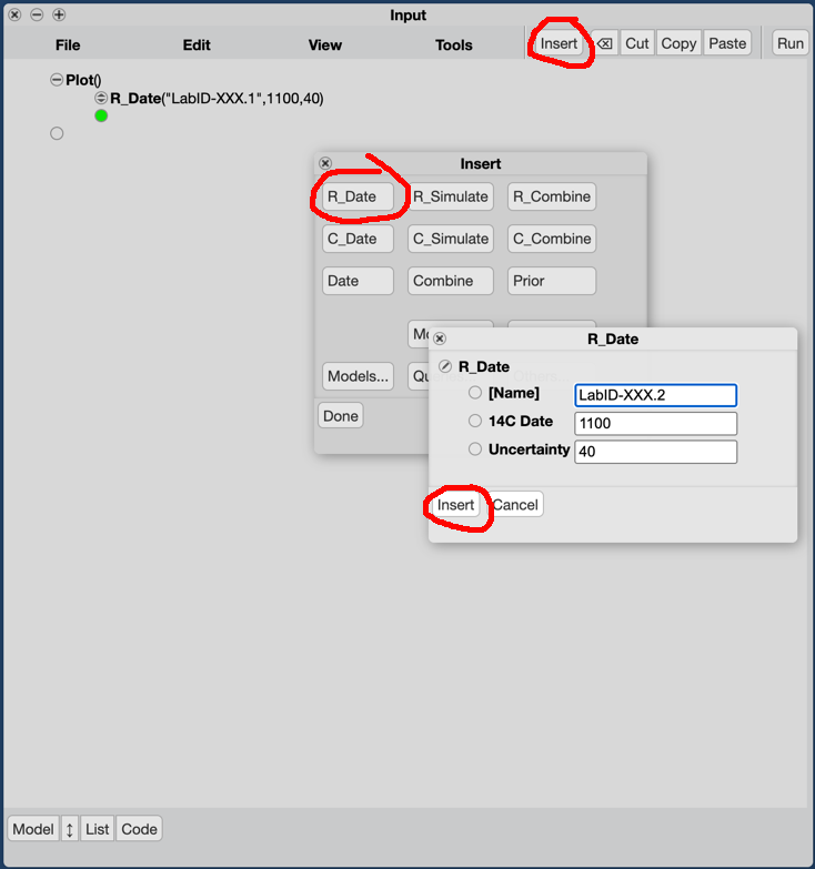 Inserting dates in the OxCal 'Input' window.